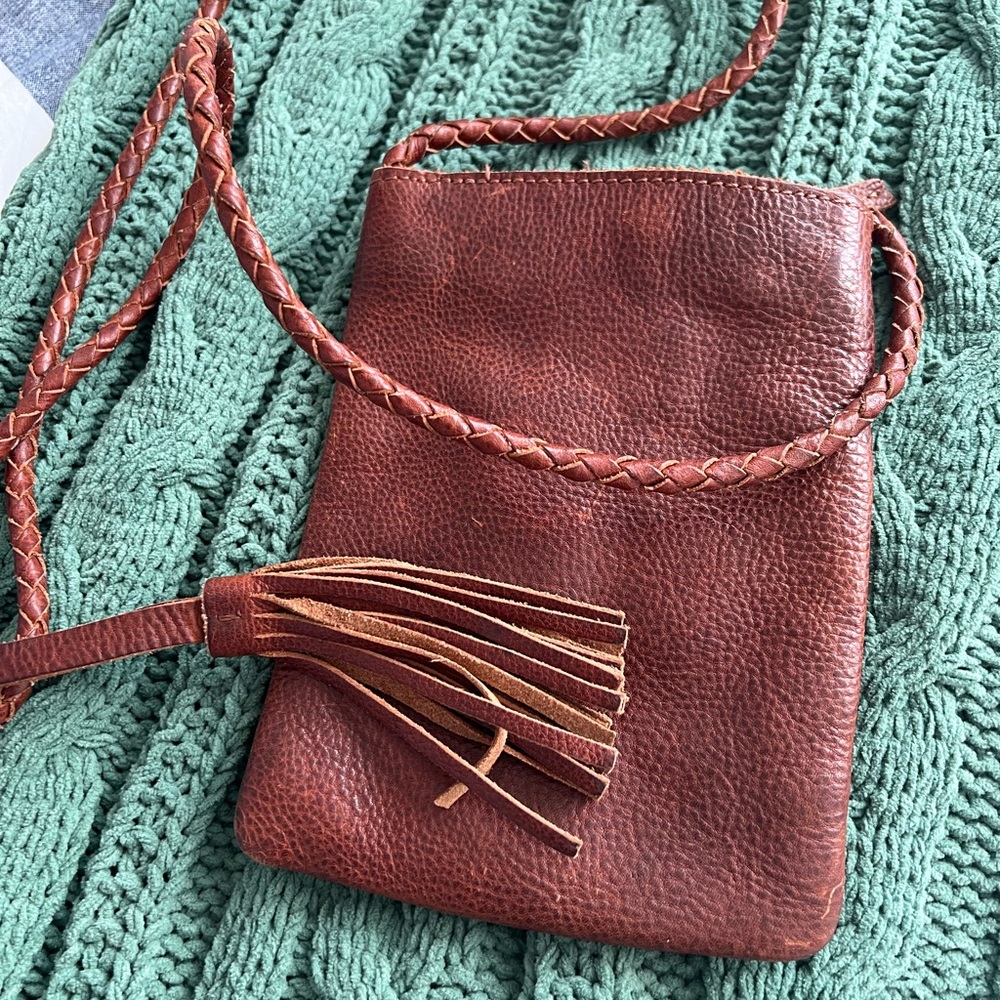 Fat Face Brown Crossbody Bag with Leather Tassel and Braided Strap
